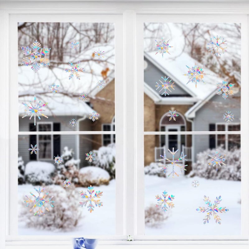 AREAWA Window Decals for Glass Windows,Anti-Collision Clings to Save Birds from Window Collisions,Non Adhesive Prismatic Window Clings, Rainbow Stickers,Christmas Snowflake Window Clings,(28pcs) - Image 3
